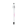 A curved pen in white with black accents, featuring a logo on its body.