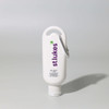 A white 50mL sunscreen bottle with a silver carabiner and a branding logo.