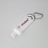 A 50mL white sunscreen bottle with a grey carabiner attached and branding on the front.
