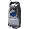 A 2.5L dry bag in transparent black material with a secure closure, featuring a logo and a smartphone inside.