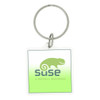 A square acrylic keychain featuring a green chameleon design and logo with shades of green. It has a metal ring attachment.