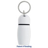 A white hotel keychain with a circular metal ring, featuring a sleek, rounded design and a black stripe.