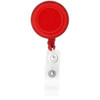 A red round badge holder with a retractable cord and a clear clip for attachment.
