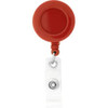 A round badge holder in red, featuring a retractable reel and a clear strap for attachment.