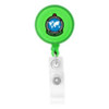 A round badge holder in bright green with a retractable cord and a logo on the front.