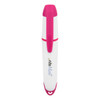 A white highlighter with a pink cap and accents, featuring a branding logo.