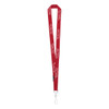 A red custom lanyard featuring repeated logos and a metal clip at the end.