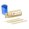 A cylindrical brown container holding several coloured pencils, with a blue sharpener beside it. The container has a logo.