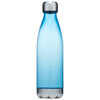 A drink bottle in a translucent blue colour with a silver stainless steel lid and a logo on its side.