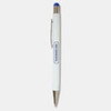 A white stylus pen with a blue tip and a silver clip, featuring a branding logo.