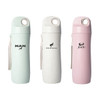 A drink bottle set featuring three colours: pale green, white, and light pink, with logos on each.