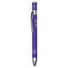 A purple metal pen with silver accents and a clip, featuring a logo near the top.