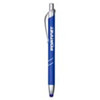A blue metal pen with silver accents and a clip, featuring a branding logo.