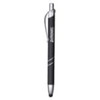 A black metal pen with silver accents and a clip. Features a sleek design and a logo.