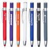 A collection of metal pens in various colours, including red, purple, orange, white, and grey, featuring branding.
