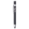 A metal pen with a matte black finish and chrome accents, featuring a logo on the side.