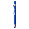 A blue metal pen with a silver clip and a logo near the grip. It features a stylus tip on the end.