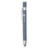 A metal pen in a sleek dark grey colour, featuring a silver clip and a branding logo.