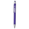 A purple metal pen with a silver clip and a logo on the barrel.