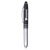 A stylus pen with a black barrel and chrome accents, featuring a clip and branding.