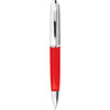 A metal pen with a shiny silver clip and a vibrant red barrel. Features a branding logo.