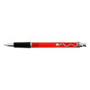 A red plastic pen with a chrome tip and a black grip, featuring a decorative spiral design and a branding logo.