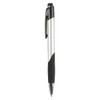 A plastic pen featuring a silver barrel, black accents, and a rubberised grip. It has a clip and a logo.