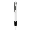 A plastic pen in white with a black grip and clip, featuring a logo on the barrel.