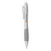 A stylus pen featuring a metallic silver body with grey grip and branding on the side.