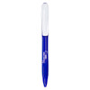 A purple plastic pen with a white cap and an area for a logo. 