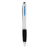 A silver stylus pen with a black rubber grip, featuring a logo on the barrel.