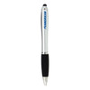 A silver stylus pen with a black grip and a brand logo on the side.