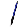 A blue stylus pen with a black grip and silver accents, featuring a branding logo.