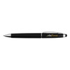 A black stylus pen with silver accents and a branding logo on the barrel.