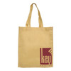 A large yellow shopping tote bag with a gusset, featuring a logo on one side. Handles for easy carrying.