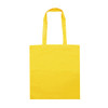 A vibrant yellow tote bag with two handles, featuring a plain design and a logo.