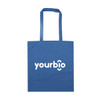 A blue tote bag with two handles and a logo printed on the front.
