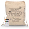 A cream drawstring bag featuring a Happy Father's Day design and a set of colourful crayons in a box.