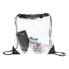 A clear drawstring bag with black accents containing a phone, sunscreen, and various miscellaneous items.