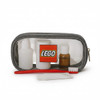 A clear travel case in grey containing white bottles, a brown bottle, a red toothbrush, and a white toothpaste tube.