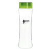 A drink bottle with a clear body and a green lid. It features a logo on the front.