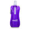 A drink bottle in vibrant purple with a spray nozzle and a carabiner attachment. It features a branding logo.