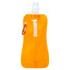 A drink bottle in bright orange with a spray nozzle and a carabiner attachment, featuring a logo.