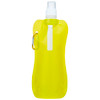 A drink bottle in bright yellow with a spout and a carabiner for attachment. It features a logo.