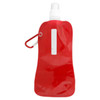 A drink bottle in bright red with a white spray nozzle and a carabiner attachment. Features a logo.