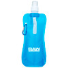 A drink bottle in a translucent blue colour with a clear spout and a carabiner attachment. It features a logo.