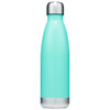 A drink bottle in a teal colour with a stainless steel base and cap, featuring a simple design.