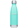 A drink bottle in mint green with a stainless steel base, featuring a logo on the side.