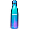 A drink bottle in a gradient of blue and purple metallic colours, featuring a logo on the side.