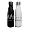 A drink bottle set featuring a black and a white stainless steel water bottle, each with a logo.
